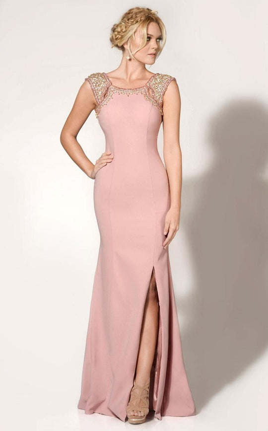MNM Couture - C1204 Gilded Cap Sleeve Evening Gown in Pink