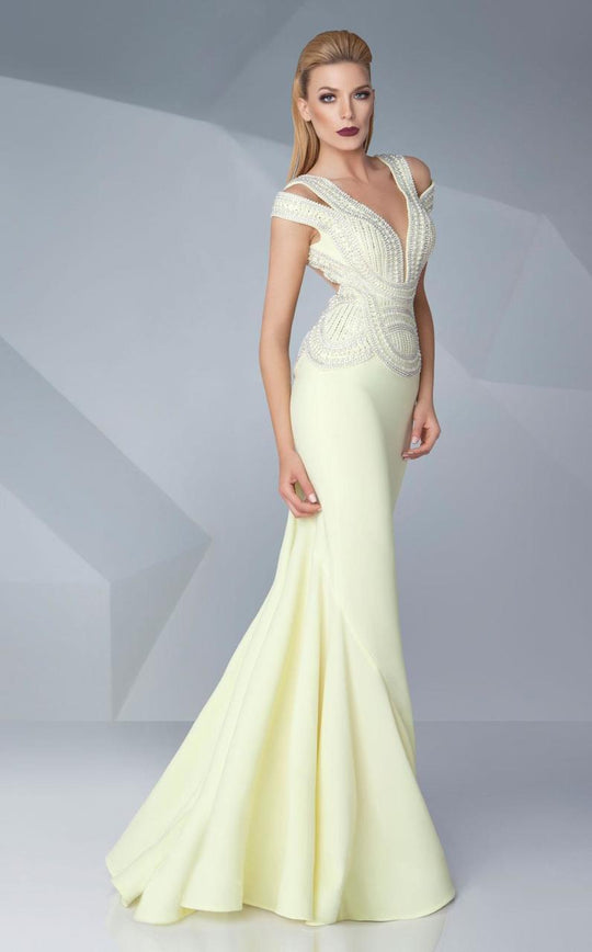 MNM Couture - Beaded Plunging Cut Outs Long Gown G0574 in Yellow
