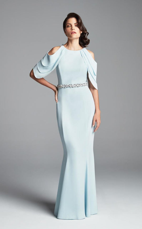 Daymor Couture - 350 Cold Shoulder Beaded Waist Sheath Gown in Blue