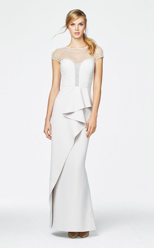 Daymor Couture - 355 Ruffled Illusion Bateau Neck Column Dress in White