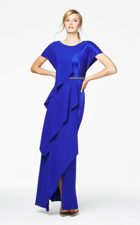 Daymor Couture - Short Sleeves Ruffled Long Dress 366 in Blue