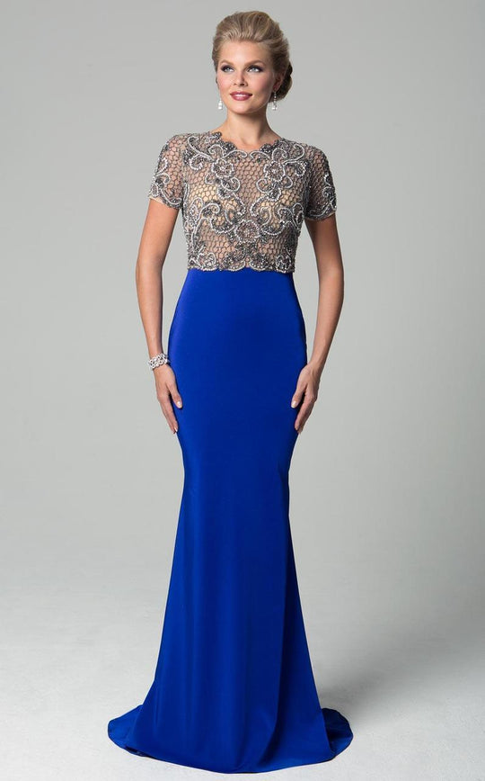 Lara Dresses - Embellished Illusion Jewel Neck Sheath Dress 32943 in Blue