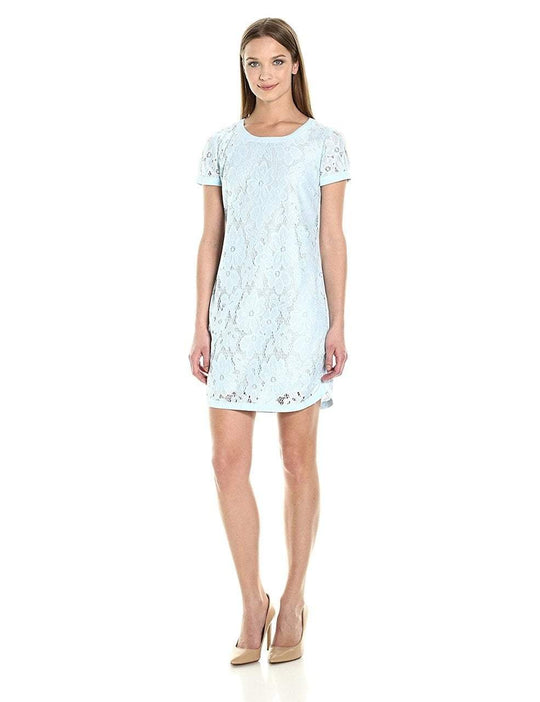 Donna Morgan - D4924M Short Sleeve Floral Lace Mini Dress in Blue