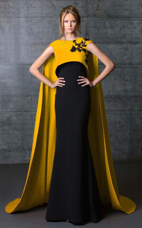 MNM Couture - Bateau Neck Trumpet Dress with Cape N0071 in Black and Yellow