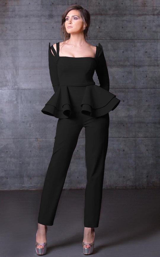 MNM Couture - Long Sleeve Peplum Jumpsuit N0080 in Black