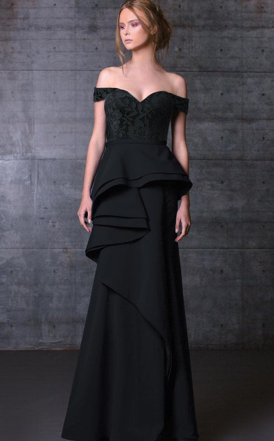 MNM Couture - Peplum Off-Shoulder Evening Gown  N0104 in Black