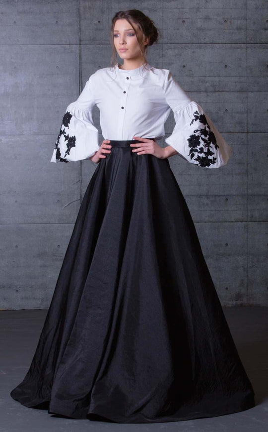 MNM Couture - Blouson Sleeve Two-Toned Evening Gown N0111 in Black and White