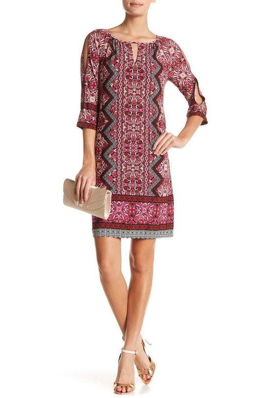London Times - T2850M Printed Scoop Jersey Dress in Red and Multi-Color