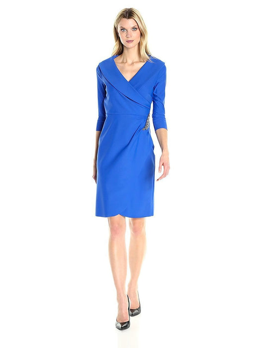 Alex Evenings - 134168 Lapel Collar Neoprene Cocktail Dress in Blue