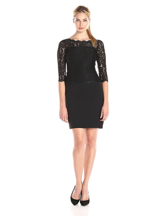 Adrianna Papell - 14250070 Lace Bateau Neck Sheath Dress in Black