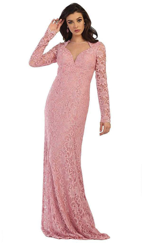 May Queen - Embellished Long Sleeves Sheath Dress MQ1451 In Pink