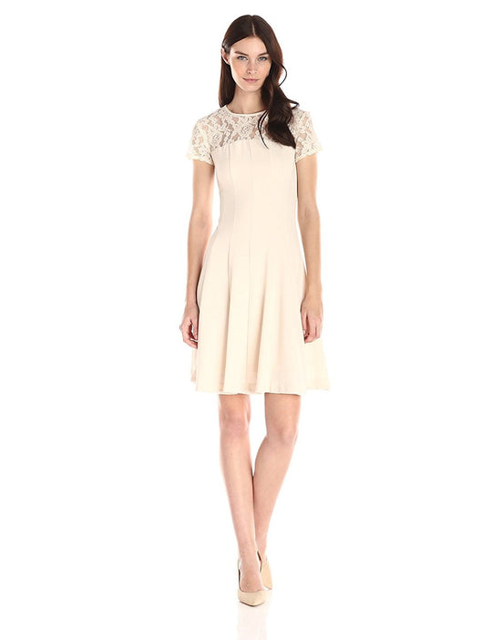 Taylor - 7001M Short Sleeve Lace Flutter Dress in Neutral