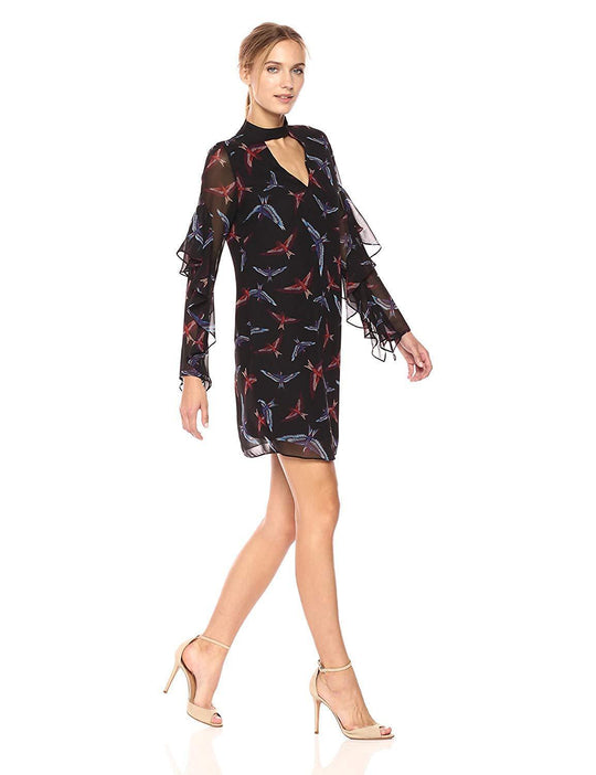 Sam Edelman - 64H091 Bird Print Choker Cutout Chiffon Dress In Black and Print