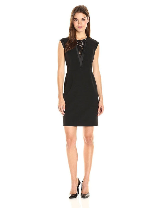 Anne Klein  - 10628902 Cap Sleeves Lace Inset Cocktail Dress in Black