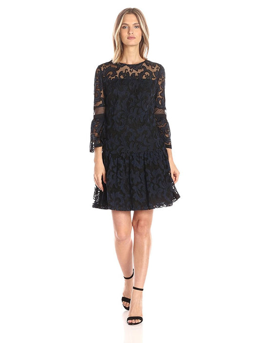 Donna Morgan - D4644M Embroidered Jewel Neck A-line Dress in Black and Blue
