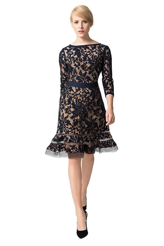 Tadashi Shoji - Quarter length Sleeve Embroidered Lace Short Dress In Blue and Neutral