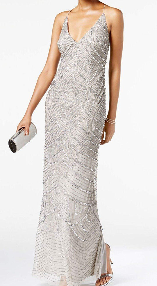 Adrianna Papell - AP1E202208 Sequin Embellished V-Neck Dress In Silver
