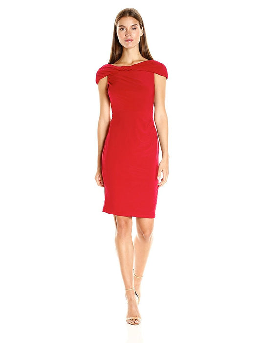 Adrianna Papell - AP1D100363 Off-Shoulder Jersey Sheath Dress in Red