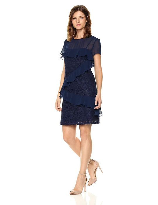 Donna Morgan - D5578M Floral Lace Ruffled Sheath Dress In Blue