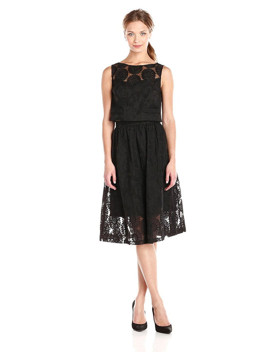 Donna Morgan - D3982M Floral Embroidered Bateau A-line Dress in Black