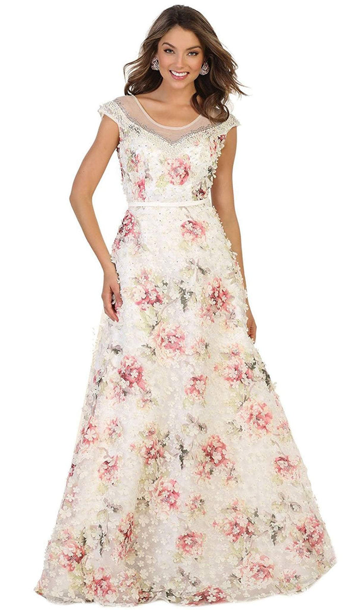 Cap Sleeve Floral Embellished A-line Evening Gown