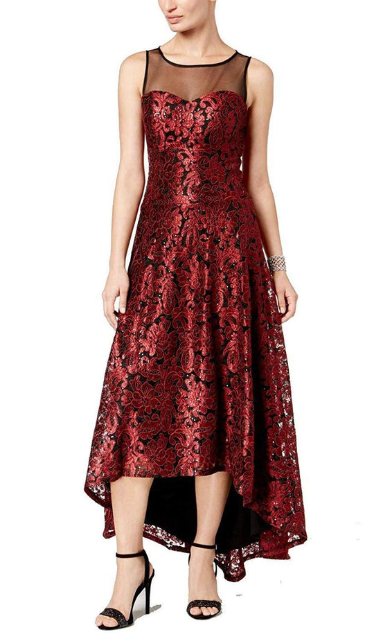 Ignite Evenings - 3793 Illusion Bateau Embroidered High Low Gown In Black and Red