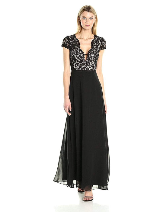 Aidan by Aidan Mattox - MN1E200675 Lace V-neck Chiffon A-line Dress in Black and Neutral