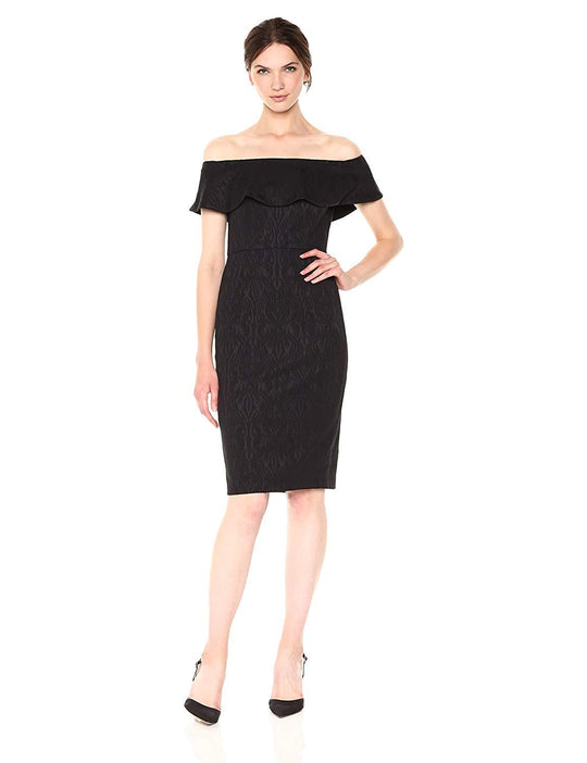 Donna Morgan - D5416M Jacquard Off-Shoulder Sheath Dress In Black