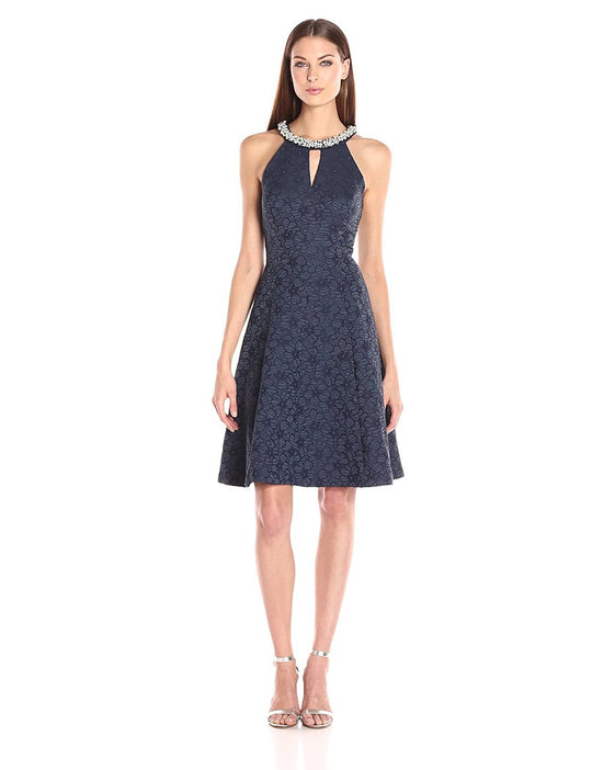 London Times - L1725M Beaded Halter Neck Fit and Flare Dress  in Blue