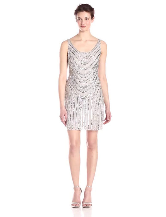 Adrianna Papell - Scoop Neck Sequined and Beaded Dress 41901090 in Silver