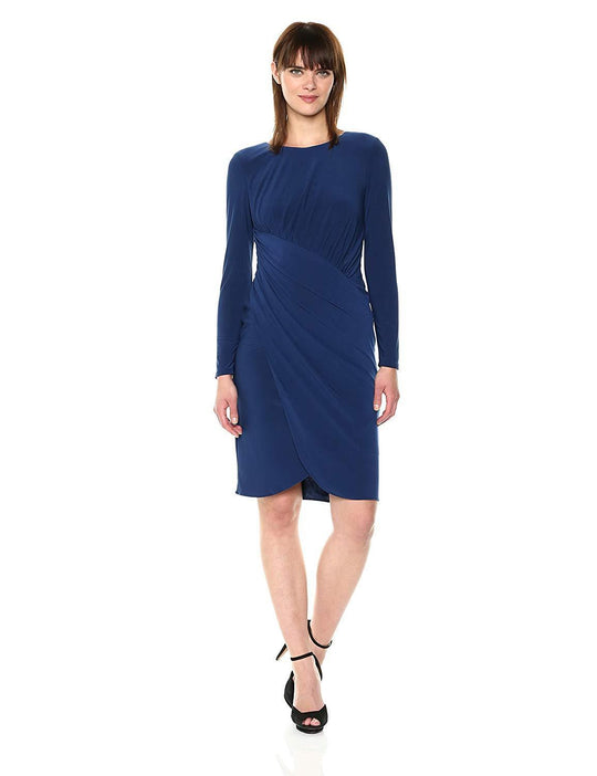 Adrianna Papell - AP1D101792 Jewel Ruched Long Sleeves Cocktail Dress In Blue
