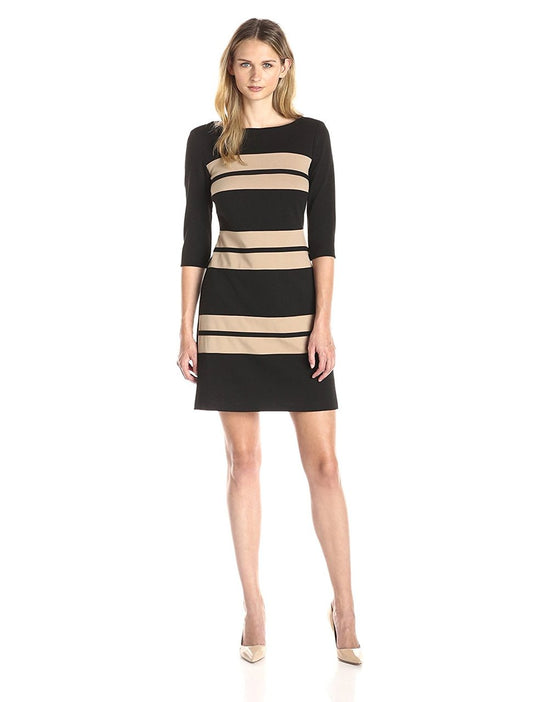 Taylor - Linear Print Bateau Neck Dress 5826M in Black and Brown