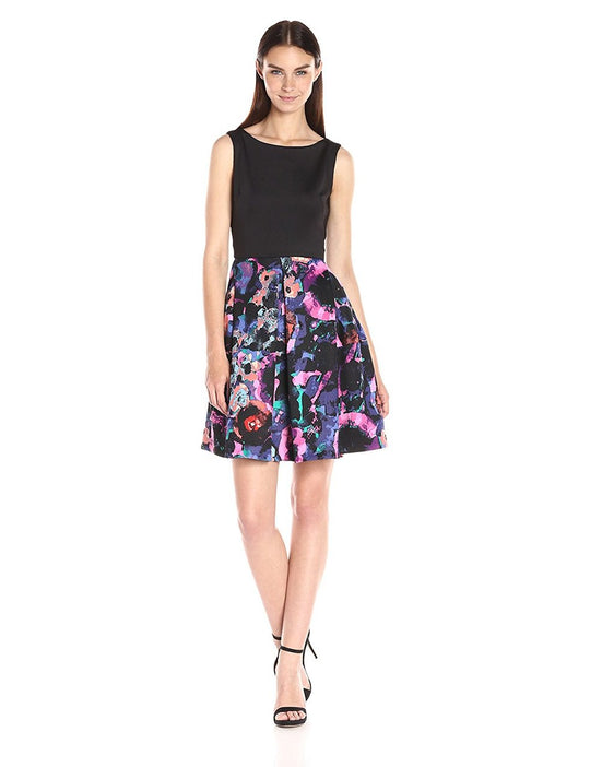Taylor - 8322M Sleeveless Bateau Neck Printed A-Line Cocktail Dress in Black and Multi-Color