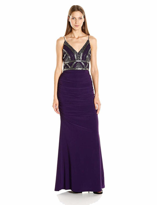 Adrianna Papell - AP1E200204 Embellished V-neck Ruched Sheath Dress in Purple