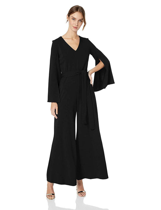 Taylor - 1140MJ V Neck Split Flared Long Sleeved Solid Jersey Jumpsuit In Black