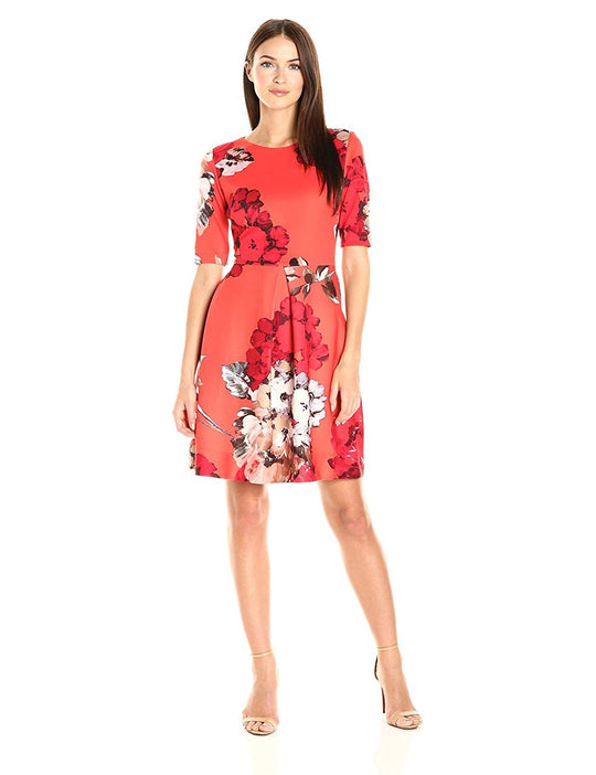 Taylor - Floral Print Bateau Neck Dress 8592M in Red and Multi-Color