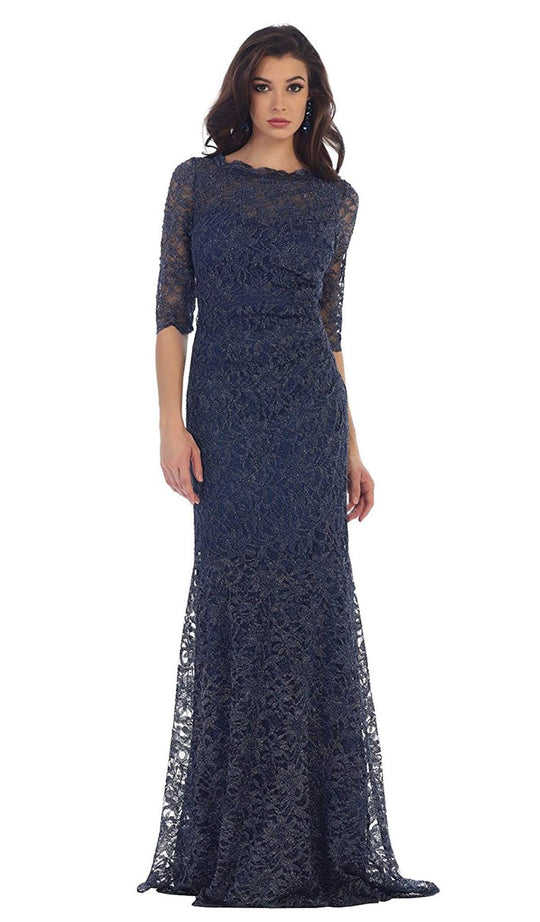 Lace Adorned Quarter Sleeve Mermaid Evening Dress