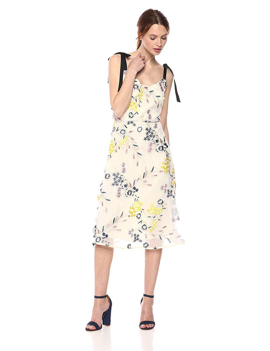 Donna Morgan - D5845M Embroidered V-neck A-line Dress In Yellow and Multi-Color