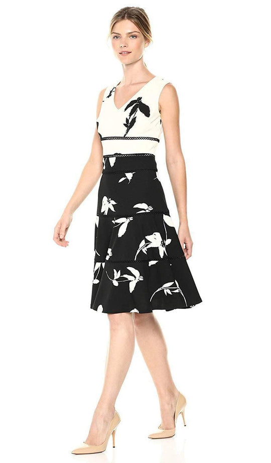 Taylor - 9881M Knee Length Printed V-neck A-line Dress In White and Black