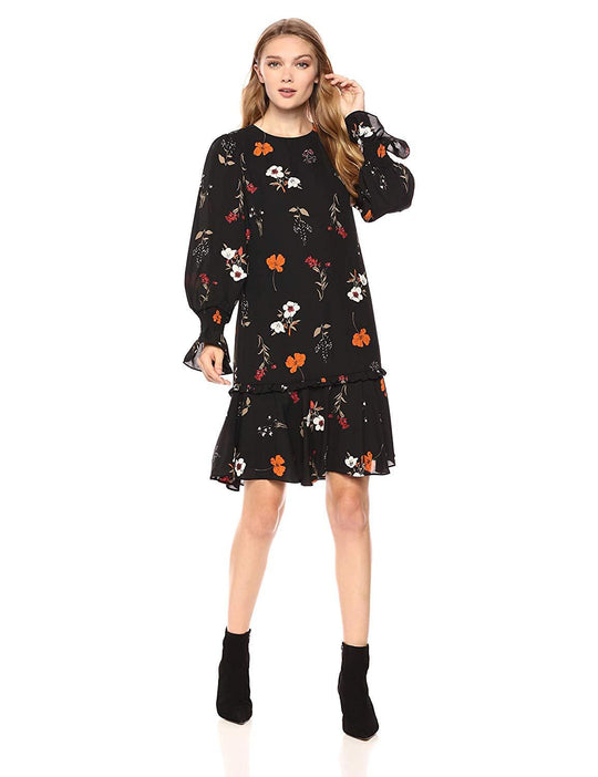 Donna Morgan - D6318M Floral Print Jewel Neck Ruffled A-line Dress In Black and Multi-Color
