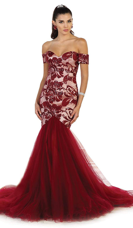 May Queen - MQ1494 Embellished Off-Shoulder Mesh Mermaid Dress In Red