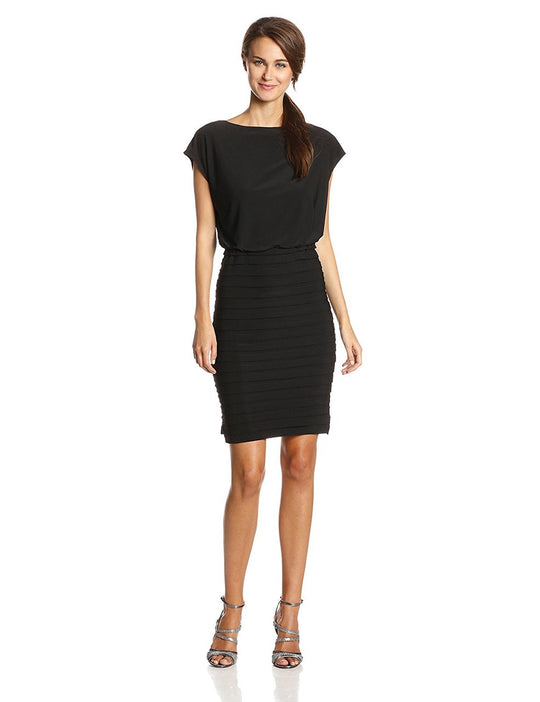 Adrianna Papell - 13216810 Pleated Bateau Neck Sheath Dress in Black
