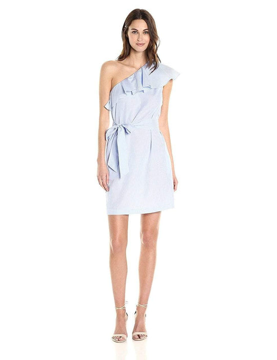 Donna Morgan - D5239M Ruffled Asymmetric A-line Dress in Blue and White