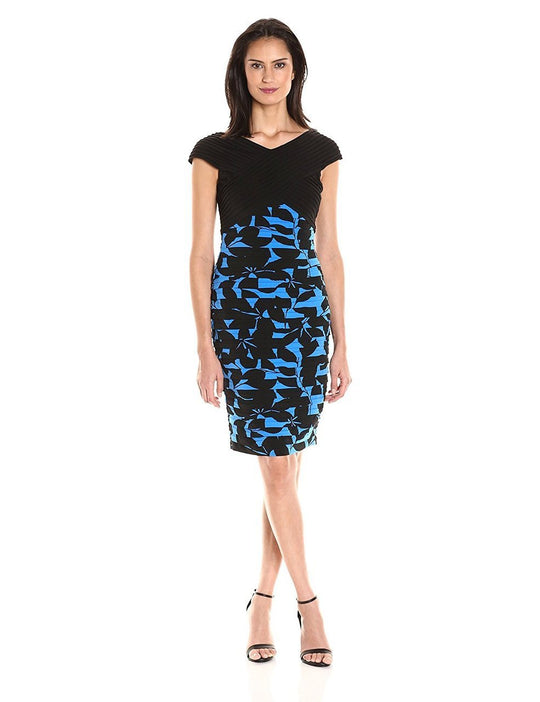 London Times - L2064M Printed V-neck Sheath Dress in Black and Blue