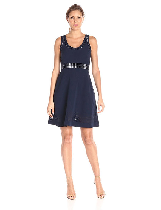 Donna Morgan - D4088M Bejeweled Scoop Neck A-Line Dress in Blue