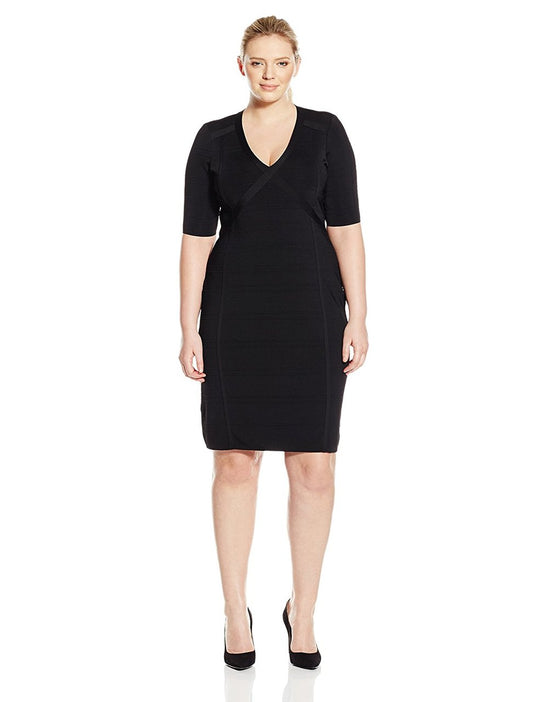Adrianna Papell - 15247021 Short Sleeved V-neck Sheath Dress in Black