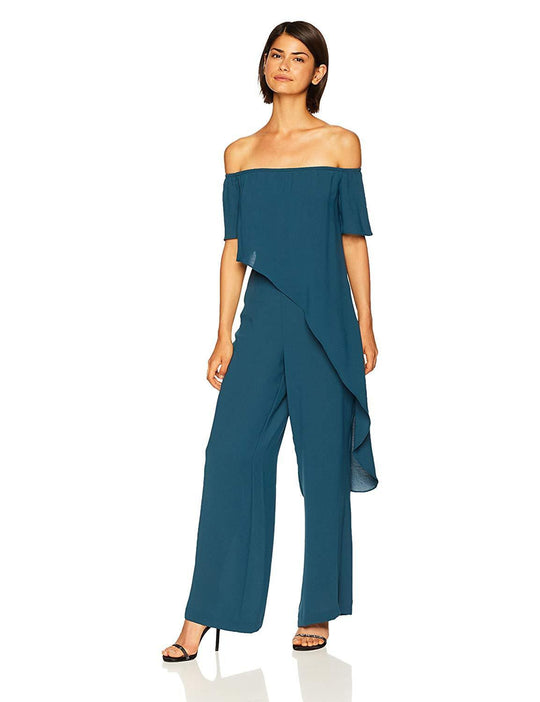 Adrianna Papell - AP1D102317 Asymmetrical Popover Off-Shoulder Jumpsuit In Blue and Green
