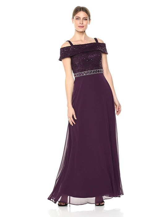 Emma Street - Lace Embellished Off Shoulder Evening Gown 1111199 In Purple