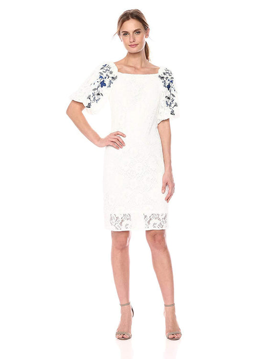 Taylor - 9537M Floral Embroidered Puffed Sleeve Lace Dress In White