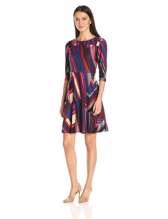 Donna Morgan - D4546P Jewel Neck Color Block Scuba Dress in Red and Multi-Color